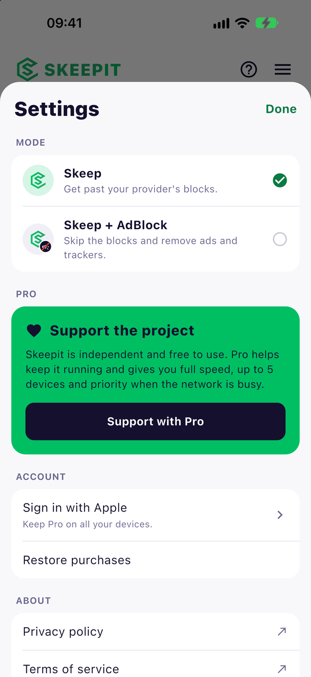 Skeepit settings with Skeep and Skeep + AdBlock modes